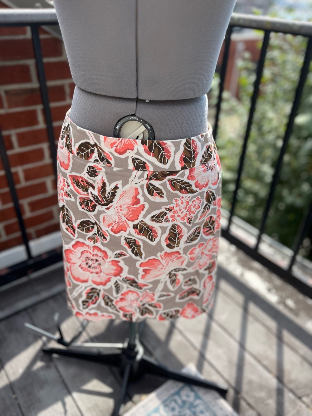 LOFT Coral Floral Pencil Skirt on Taupe Background